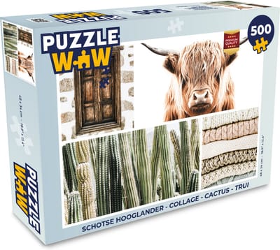 Puzzel Schotse hooglander - Collage - Cactus - Trui - Legpuzzel - Puzzel 500 stukjes
