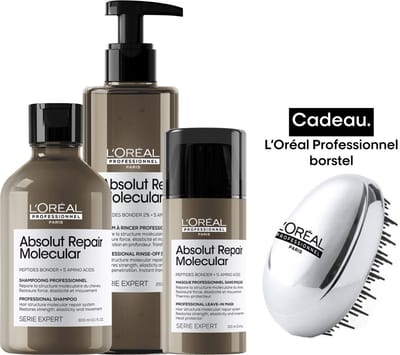 L'Oréal Professionnel Absolut Repair Molecular Bundel + cadeau - Shampoo 300ml, Masker 250ml, Leave-in 100ml en haarborstel cadeau - Voordeelverpakking