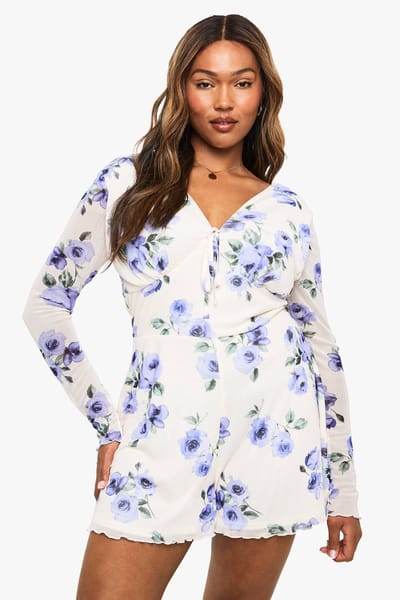boohoo Dames Plus Floral Mesh Flippy Playsuit | Purple | Maat: 24