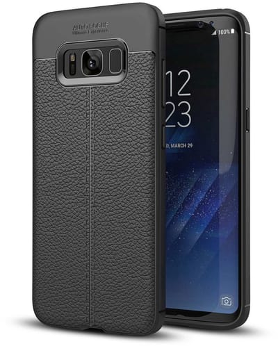 Cadorabo Hoesje geschikt voor Samsung Galaxy S8 PLUS in Diep Zwart - Beschermhoes gemaakt van TPU siliconen met edel kunstleder applicatie Case Cover Etui