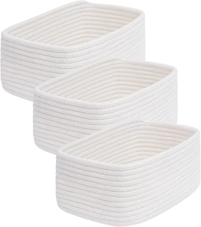 KZQ Drie kleine geweven opbergmandjes, een middelgroot opbergmandje en een mini katoenen touwmandje, geschikt voor boekenplanken, kinderkamers, kantoren, badkamers, enz. — wit