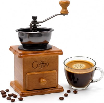 Vintage houten handmatige mini-koffiemolen - 19,5 × 9,5 cm - Draagbaar - Gemakkelijk te gebruiken - Geschikt voor thuis en op kantoor - Maalt espresso en filterkoffie - Lichtbruin