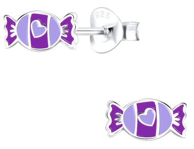 Joy|S - Zilveren snoepje oorbellen - paars met lila hartje - 7 x 4 mm