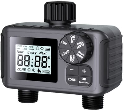 2-zone sproeier timer – Programmeerbare tuinslang klok, auto/manueel/regenvertraging, waterzuinig, waterdicht en eenvoudig te monteren
