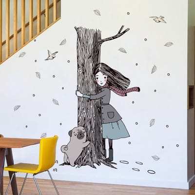 Muursticker | Meisje en Hond tegen Boom | Wanddecoratie | Muurdecoratie | Slaapkamer | Kinderkamer | Babykamer | Jongen | Meisje | Decoratie Sticker