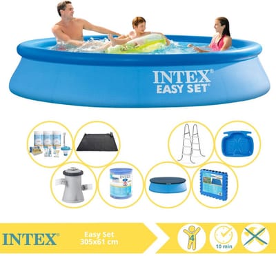 Intex Rond Opblaasbaar Easy Set Zwembad - 305 x 61 cm - Blauw - Inclusief Pomp - Afdekzeil - Onderhoudspakket - Filter - Grondzeil - Solar Mat - Ladder - Voetenbad - 9-delig