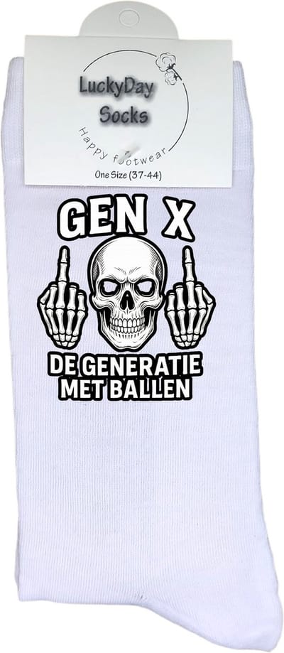 Gen X - Generatie X - LuckyDay Socks - Grappige sokken - Motivatie sokken - Cadeau sokken - Verjaardag cadeau - Beterschap cadeau - Opkikker - Schoen cadeau - Kerst cadeau - Maat 37-44