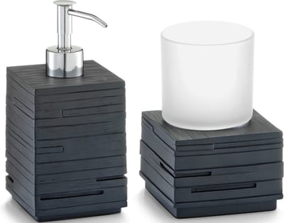 Badkamer setje zeeppompje met tandenborstel/drink beker van leisteen-look polystone