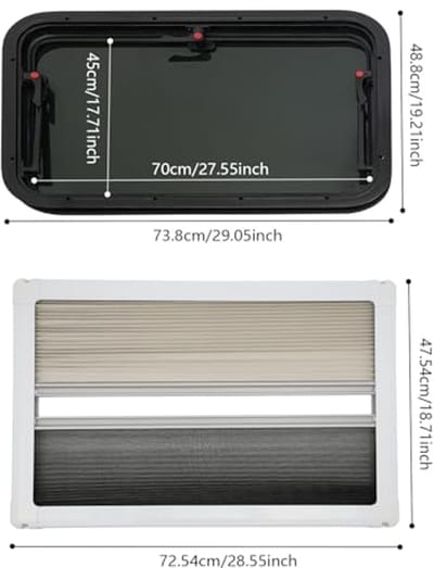 Uitzetraam voor Camper 700 x 450 mm met Vliegenrooster en Rolgordijn