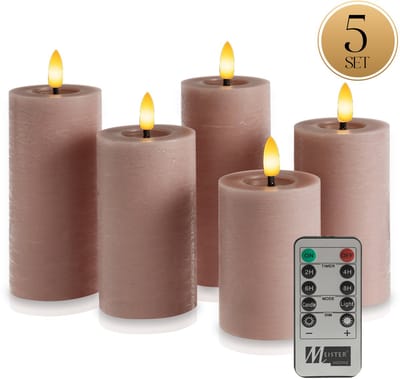 Meisterhome® LED Kaarsen 5-delige Set Violet – Vlamloos & Flikkerend Licht – Met Afstandsbediening & Timer – Batterijverlichting – Ø7 cm, Hoogte 10/12,5/15 cm – Rustiek Design – Warm Wit Licht