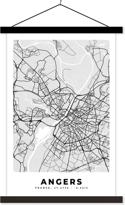 Posterhanger incl. Poster 40x60 cm - Schoolplaat - Angers - Plattegrond - Frankrijk - Kaart - Stadskaart - Textielposter - Zwarte latten - Stadskaart