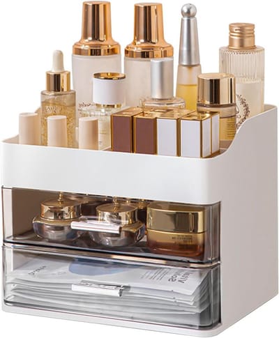 Make-up organizer met 2 laden en grote capaciteit, cosmetische opbergdoos voor badkamer en dressoir, ideaal voor make-up en accessoires