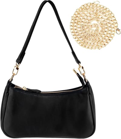 Elegante PU Leren Schoudertas voor Dames, Handtas met Ketting en Rits, Compacte Zwarte en Witte Tas (26x7x15cm)