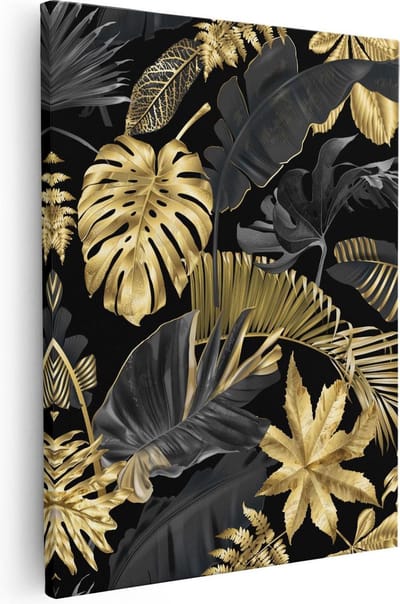 Artaza Canvas Schilderij Botanisch Bladeren - 80x100 cm - Groot - Wanddecoratie Jungle - Muurdecoratie Botanisch - Schilderijen Op Canvas Goud Zwart