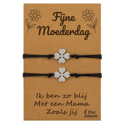 Moeder Kind Armbandjes voor 2 "Fijne Moederdag" - Klavertje Vier - Vriendschapsarmbandjes met Persoonlijk Cadeau Kaartje - Zilverkleurig - Elastisch Verstelbaar - Pax Amare