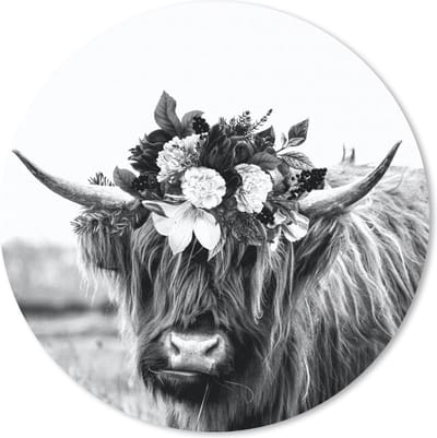 Muismat rond 20x20 cm - Mousepad Schotse hooglander - Bloemen - Zwart - Wit - Ronde muismatten