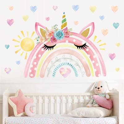 Dailygoods- Muursticker Grote Regenboog - Muurstickers Eenhoorn - Muurstickers Harten - Muurstickers Zon - Wanddecoratie Slaapkamer - Veilig en Niet Giftig - Muurdecoratie
