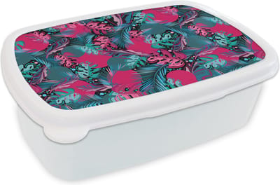 Broodtrommel Wit - Lunchbox - Brooddoos - Bladeren - Hawaii - Design - Roze - Blauw - 18x12x6 cm - Volwassenen