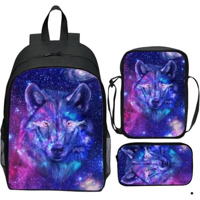 Nieuwe bedrukte cartoon wolf set rugzak, dierlijke college stijl rugzak, kleine schoudertas, etui