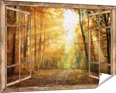 Gards Tuinposter Doorkijk Herfstbos met Zonneschijn - 150x100 cm - Tuindoek - Tuindecoratie - Wanddecoratie buiten - Tuinschilderij