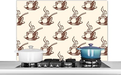 Spatscherm keuken 100x65 cm - Kookplaat achterwand Patronen - Vintage - Koffie - Muurbeschermer - Spatwand fornuis - Hoogwaardig aluminium