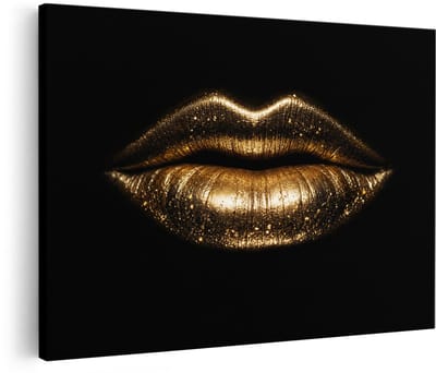Artaza Canvas Schilderij Gouden Lippen Op Zwarte Achtergrond - 90x60 cm - Wanddecoratie Woonkamer - Schilderijen - Muurdecoratie