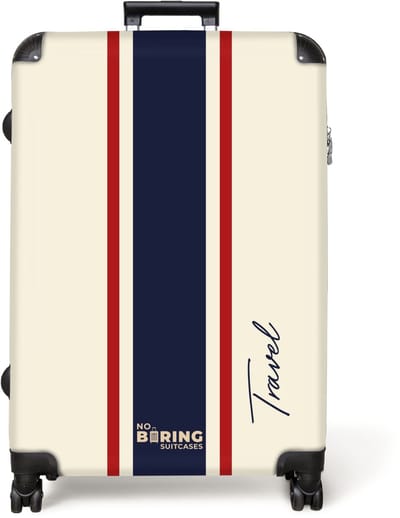 NoBoringSuitcases.com® - Koffer groot - Reiskoffer lichtgewicht - Crèmekleurige achtergrond met centrale tricolor baan en tekst Travel - Rolkoffer met 4 wielen - Grote trolley XL - 98 liter bagage