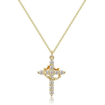 Draaibare Kroon Kruis Hanger Ketting Voor Vrouwen Glanzende Strass Roestvrij Staal Kruis Choker Christelijke Gebed Feest Sieraden beige