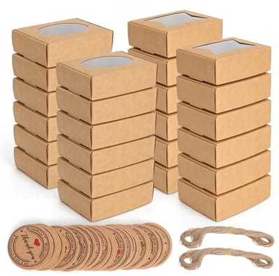 Doos van kraftpapier met kijkvenster, koekjesdoosjes, bonbondoosjes met etiketten en koord, kleine doosjes voor koekjes, sieraden, zeep, Kerstmis, Valentijnsdag (9 x 6 x 3 cm)