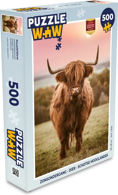 Puzzel Zonsondergang - Dier - Schotse hooglander - Legpuzzel - Puzzel 500 stukjes