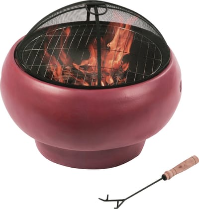 Teamson Home Vuurschaal Buiten - Ronde Beton Vuurkorf - Omvat Deksel & Pook - 53cm - Rood