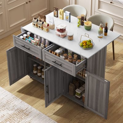 Clruro Serveerwagen - 129x46/71x91.5 cm - Met Klapblad - 5 Wielen en Laden - Hout - Wit en Grijs