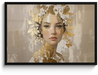 Poster in lijst - Fotolijst 90x60 cm - Posters - Gezicht - Vrouw - Bladeren - Goud - Posterlijst zwart - Decoratie - Wanddecoratie woonkamer - Muurdecoratie slaapkamer
