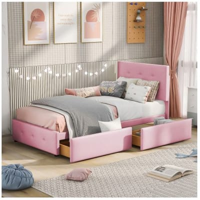 Bed - MUVOE - 90 x 200 cm - Gestoffeerd met fluweel - Met lades - Eenvoudige montage roze
