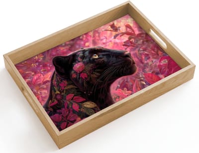 Dienblad hout 40x30 cm - Schootdienblad - Luipaard - Bloemen - Roze - Borrelplank rechthoek - Plateau dienbladen