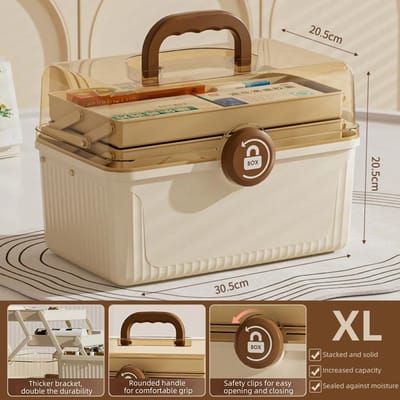 Grote Capaciteit Medicijndoos Cosmetische Home Opbergdoos Meerlaags met Handvat Sieraden Nagellak Make-up Bureau Container Gereedschap beige