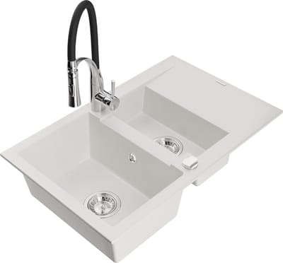 Mexen Gaspar granieten spoelbak 1,5-komerig met afdruiprek en keukenmengkraan Aster, wit - 6507-20-73450-07