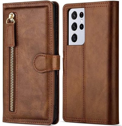 Hoesje geschikt voor Samsung Galaxy S21 Book case met ritssluiting van LuxeBass - Flipcover - Magnetisch - 5 kaarten houder - Donkerbruin gsm hoesje - telefoonhoes - telefoonhoesjes
