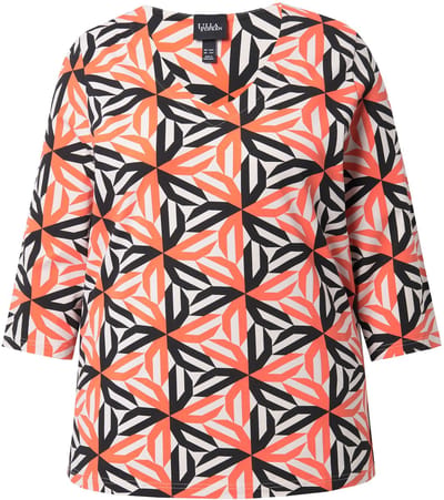 Ulla Popken - Dames - Shirt grafische print Classic V-hals 3/4-mouwen - Koraal - Maat 42+
