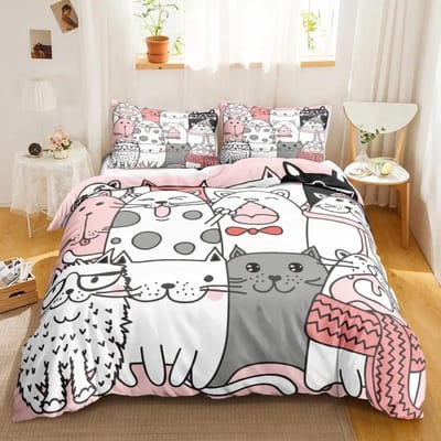 Parure de lit imprimée recto verso 3 pièces, housse de couette et oreillers en forme de chat mignon avec dessin animé EU SK 260x220cm