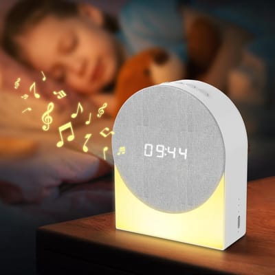 4 in 1 Digitale Wekker + Geluidsmachine + Bluetooth-luidspreker + Nachtlampje voor Kinderen, Bedlampje Tafellamp Rechargeable Dimbaar USB-oplaadbaar Timerfunctie Slaapkamer Camping Slaapkamer