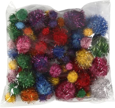 Pompons, d 15-40 mm, glitter, ca. 75 stuk, sterke kleuren, 62 gr/ 1 doos