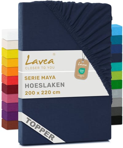 Lavea® Hoeslaken voor Topper/Topmatras 200x220 cm – 100% Katoen Jersey – Geschikt voor Topmatrassen tot 10 cm – Met Elastiek Rondom – OEKO-TEX Gecertificeerd – Nachtblauw