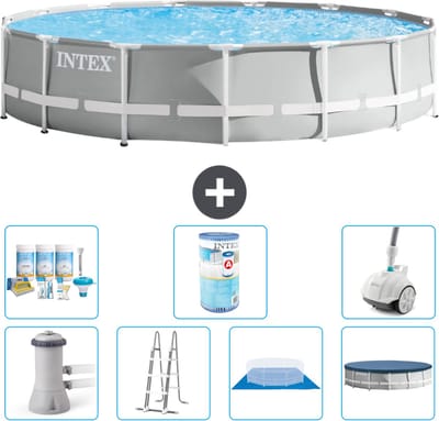 Intex Rond Prism Frame Zwembad - 457 x 107 cm - Grijs - Inclusief Pomp - Ladder - Grondzeil - Afdekzeil Onderhoudspakket - Filter - Stofzuiger