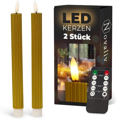 LED-kaarsen met timer GOUD 2-pack voor binnen met timerfunctie 6 uur ECHTE WAS geribbeld 23 cm hoogte voor kaarsen 2,2 cm diameter 2 AAA-batterijen vereist LED-kaarsen flikkerende vlam bewegend
