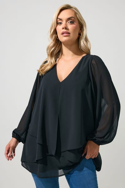 Yours London Zwarte Gelaagde Blouse Met Vhals Size 44