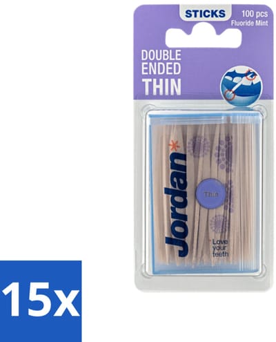 15 x Jordan Tandenstokers Double Ended Thin 100 stuks per verpakking - Tandenstokers - Interdentale Ruimte - Tanden Reinigen - Fluoride - Mintsmaak