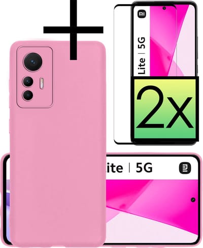 Hoesje - Met 2x Screenprotector - Geschikt voor Xiaomi 12 Lite - Sterk & Shockproof - Back Cover - Siliconen Case - Telefoon Hoes - Lichtroze