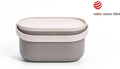 Bioplastic afvalbakje aanrecht. Afvalbakje met frame en zakken. Taupe + Ivoor kleur Plastia.