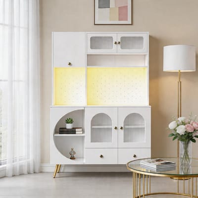 KOMHTOM - Modern dressoir - LED-verlichting - USB-aansluitingen - Stopcontacten - Perforatieplaat - Glazen planken - Lade - Wit